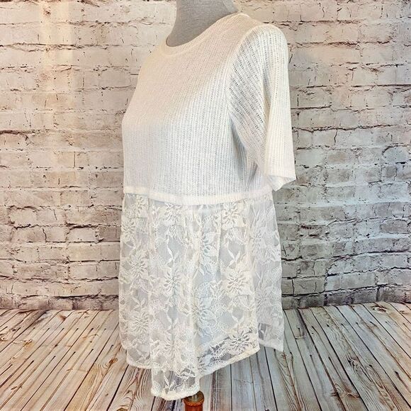 LC Lauren Conrad Lace Layered Babydoll Top Short Sleeve Cream Delicate Size S - Picture 4 of 8